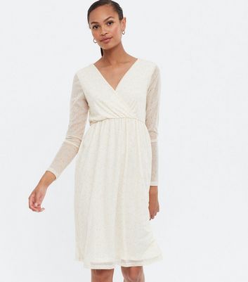 NA-KD White Spot Mesh Long Sleeve Wrap Dress | New Look
